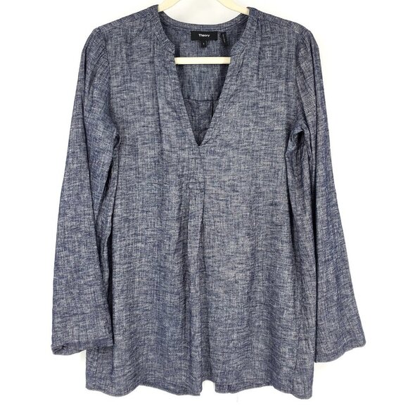 Theory Ofeliah Tierra Wash Pleated Tunic Top Blue Linen Blend Small - Picture 3 of 10